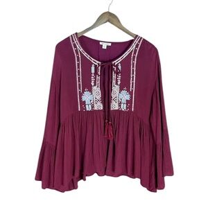Mi Ami‎ | Open Tie Front Peplum Ruffle Bell Sleeve Embroidered Peasant Cardigan